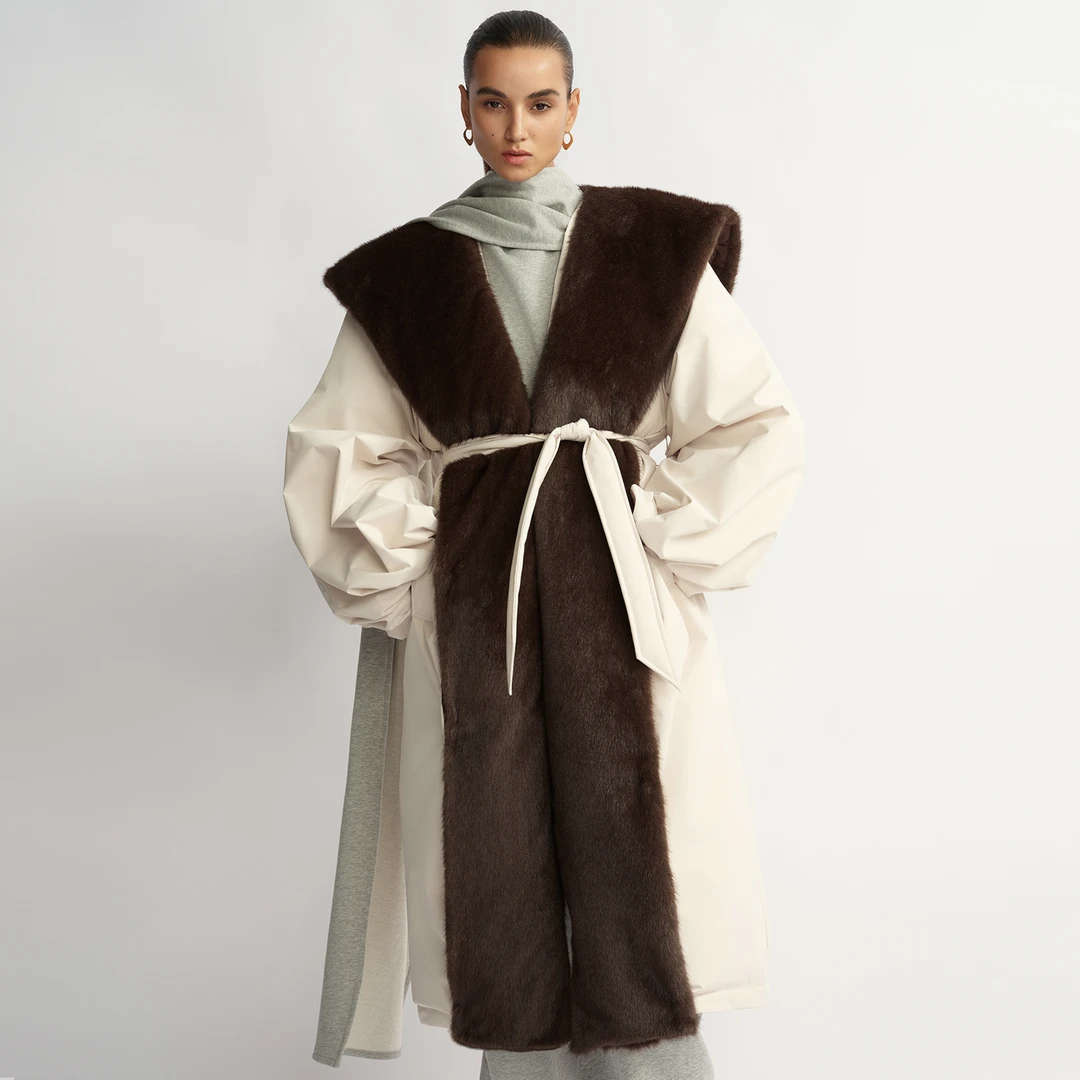 Z老板  水貂毛领 羽绒服女外套冬季系腰带拼接中长款连帽鹅绒服