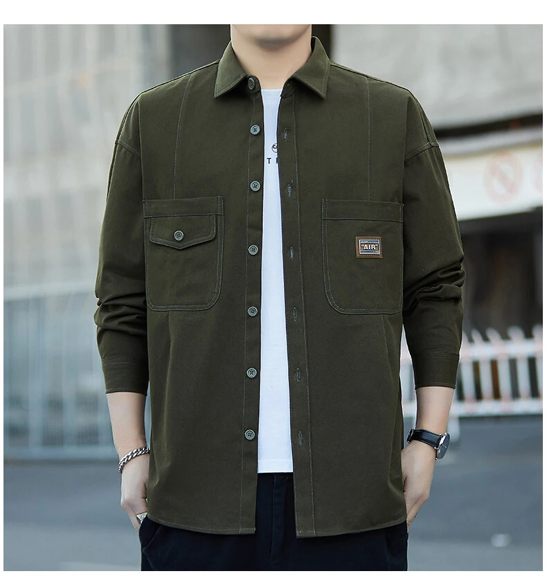男士长袖衬衣时尚翻领休闲工装衬衣外套宽松简约百搭开衫衬衫薄款