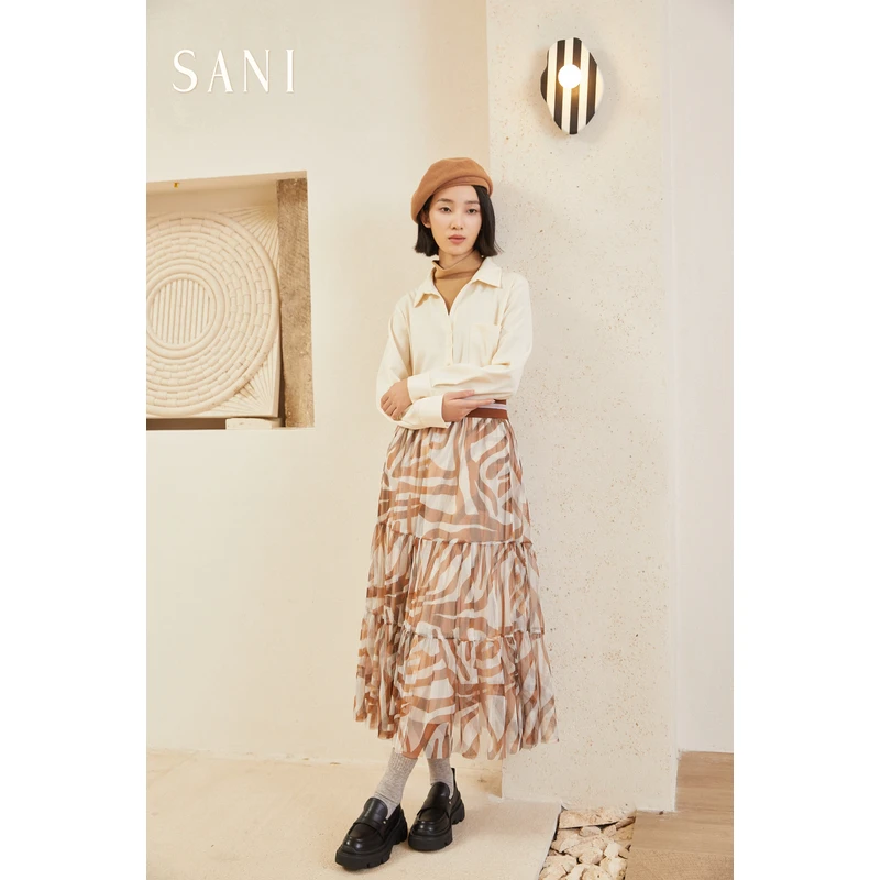 SANI多季A型百褶咖啡色印花长裙CQ4950