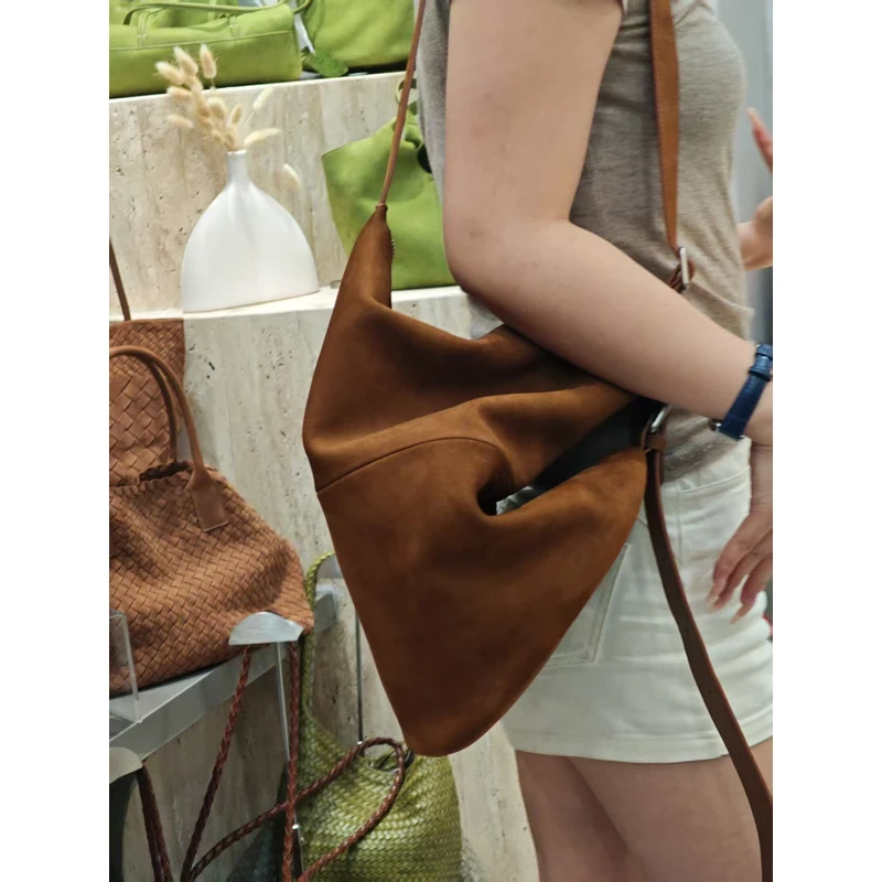 YUSHA/高档大号棕色鹿皮慵懒感单肩托特包-5837