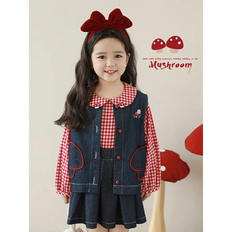 幼悠【蘑力小兔】春壹波春秋时尚格子红色洋气百搭蘑菇娃娃衫 C3233