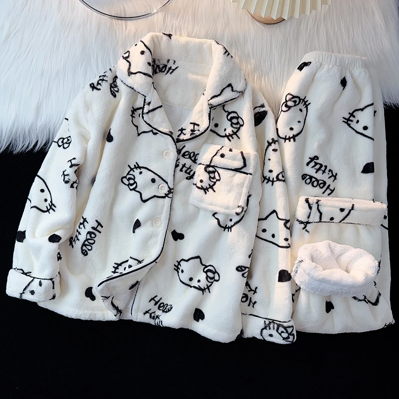 珊瑚绒开衫睡衣女童秋冬季加厚保暖法兰绒儿童kt猫女孩亲子家居服