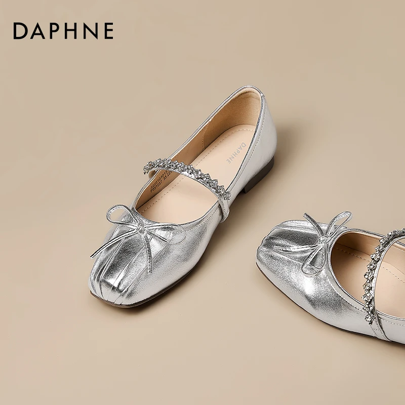 达芙妮银色芭蕾风玛丽珍鞋女2025新款秋冬浅口小皮鞋单鞋妈妈鞋爆