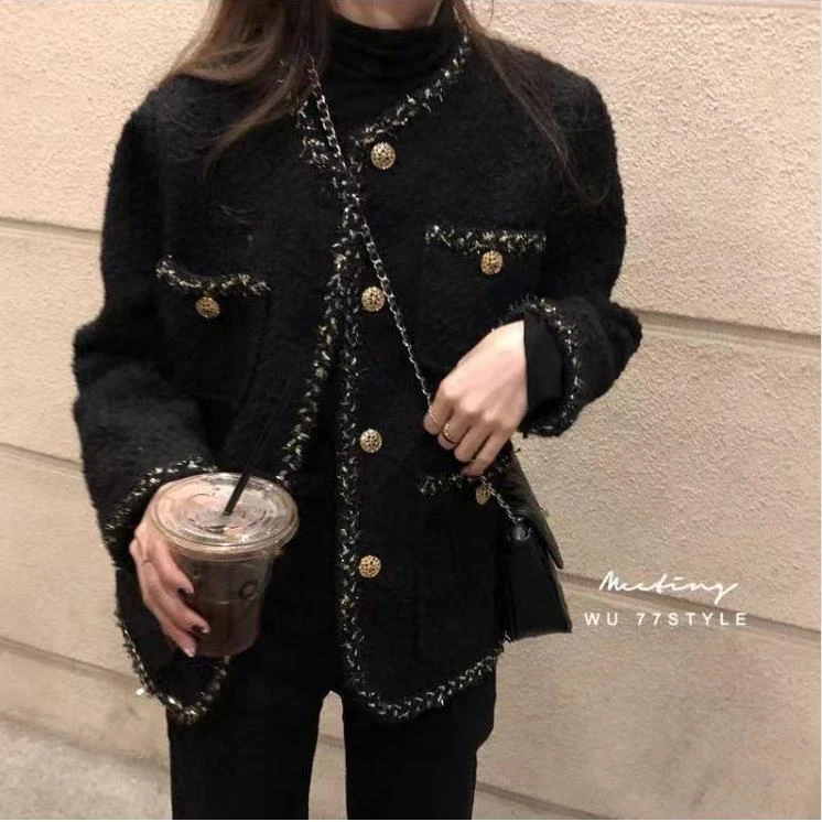秋冬装大码女装宽松韩版编织粗花呢夹棉加厚外套
