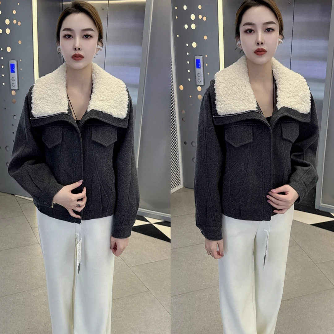 WH洋气冬季新款大翻领毛毛拼接保暖加棉百搭女士短外套2601