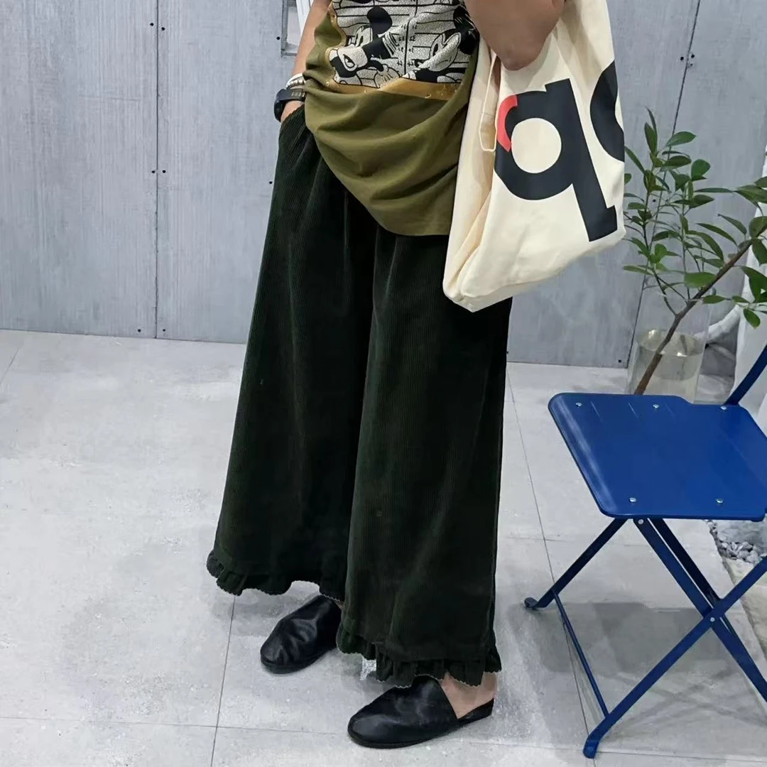 SISTERS【秋天花园】秋绿色灯芯绒花边松紧腰9分裤