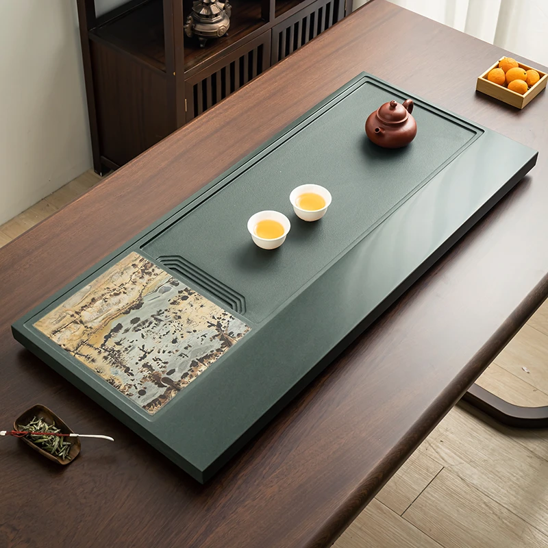 茗昊镶嵌国画石天然天罗绿石茶盘中式创意排水茶海2025新款家用