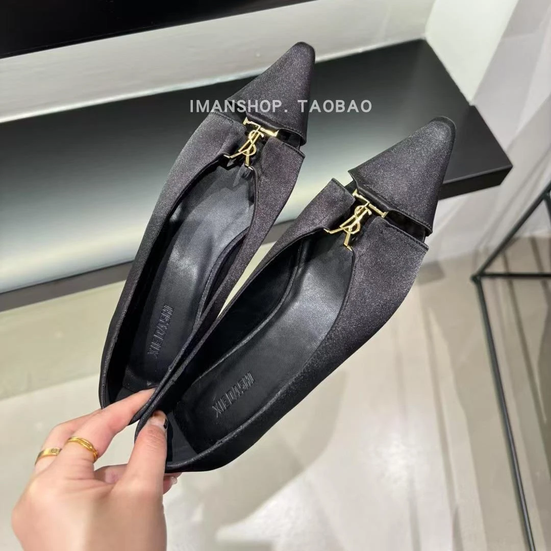 【高奢&达人款】轻奢·2025法式小众百搭尖头镂空搭扣缎面浅口小