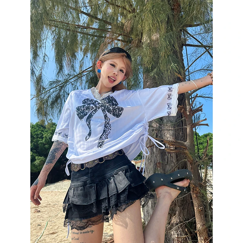 Sixnminu美式绑带蕾丝花边短袖女缎面V领花边球衣t恤女蝴蝶结半袖