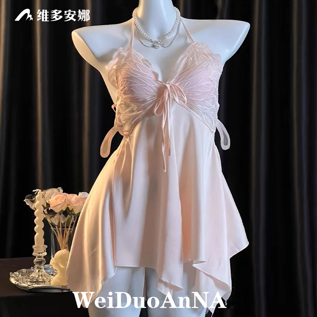 维多~超高级感带胸垫蝴蝶结性感冰丝吊带睡裙仙女纯欲风舒适睡衣