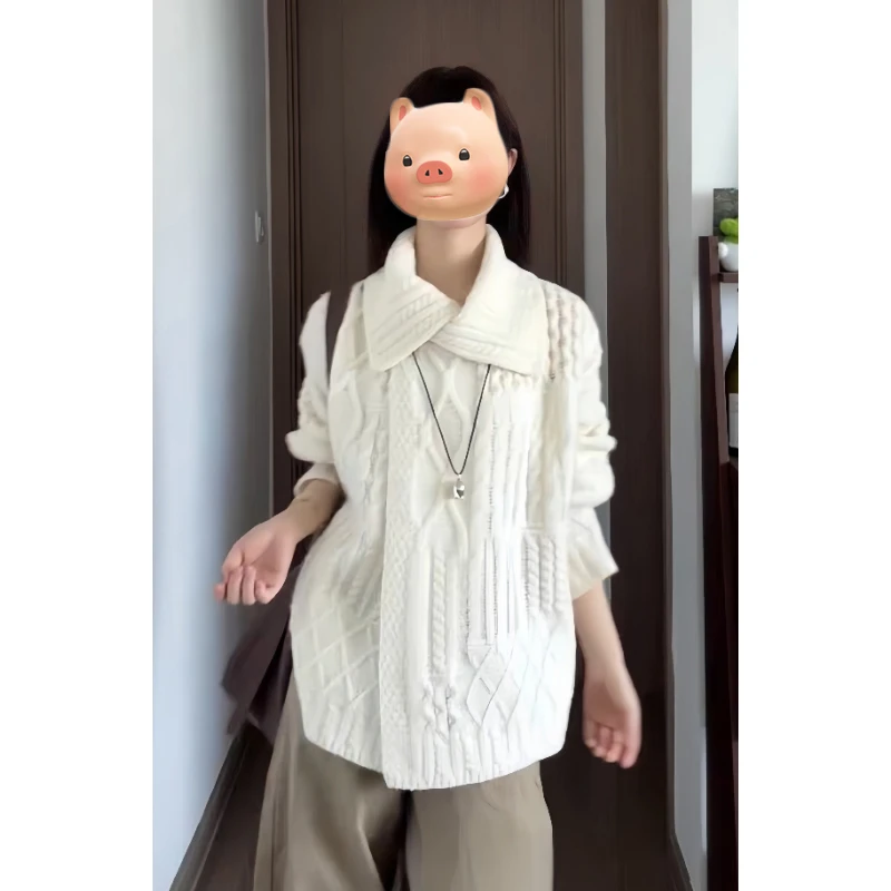 法式翻领麻花毛衣女秋冬外穿宽松慵懒风中长款针织衫早秋chic上衣