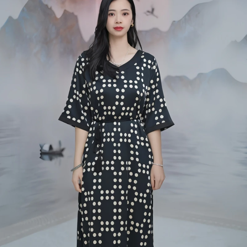 2462 时尚V领气质高端醋酸女士宽松休闲显瘦款中长款连衣裙