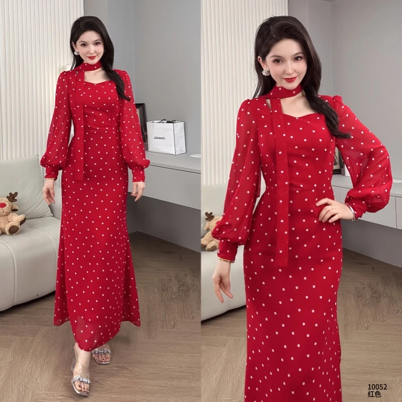 Saeda品牌女装长袖波点法式洋气气质显瘦绑带连衣裙YF10052