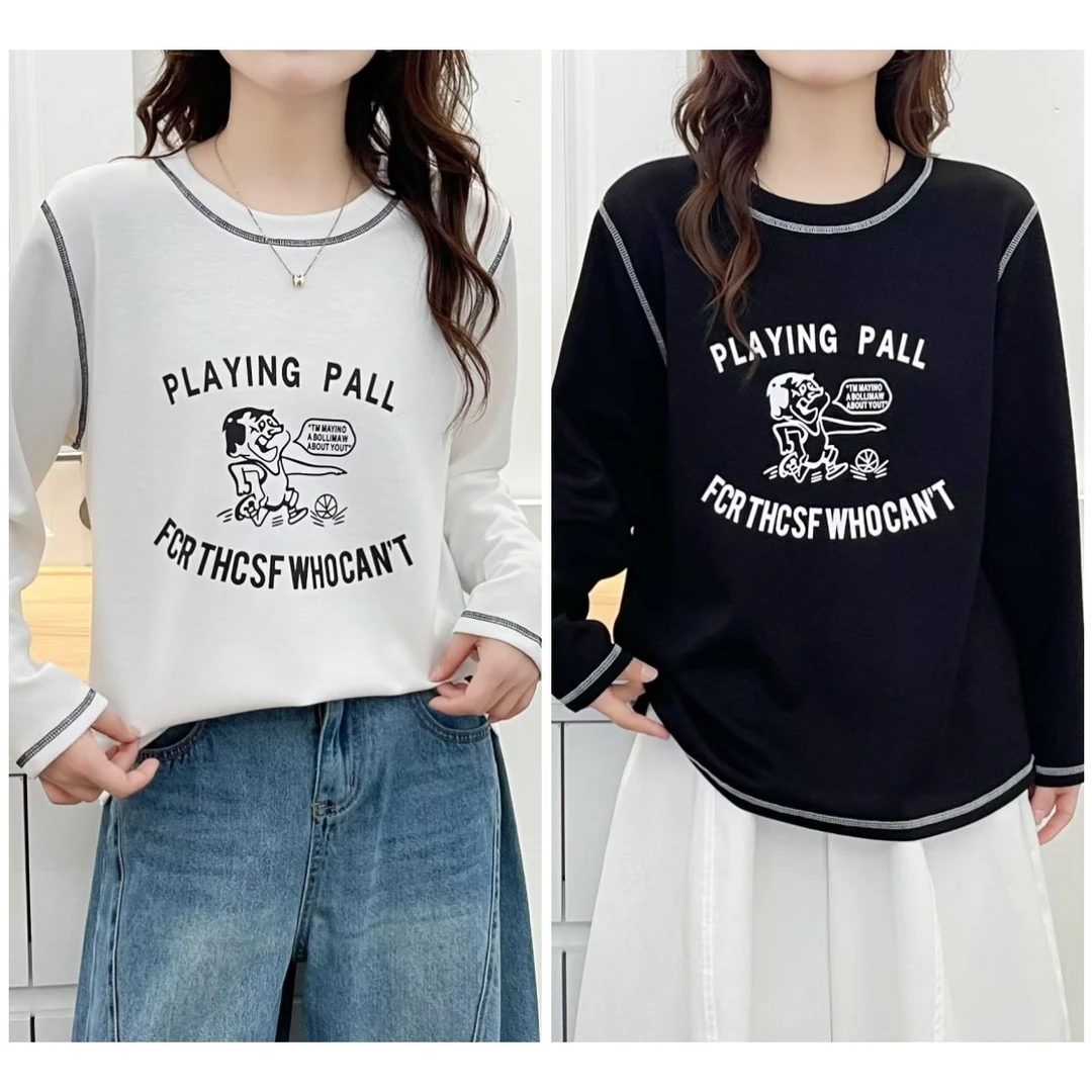 110-200斤大码女装秋装休闲百搭明线设计卡通圆领长袖T恤打底衫