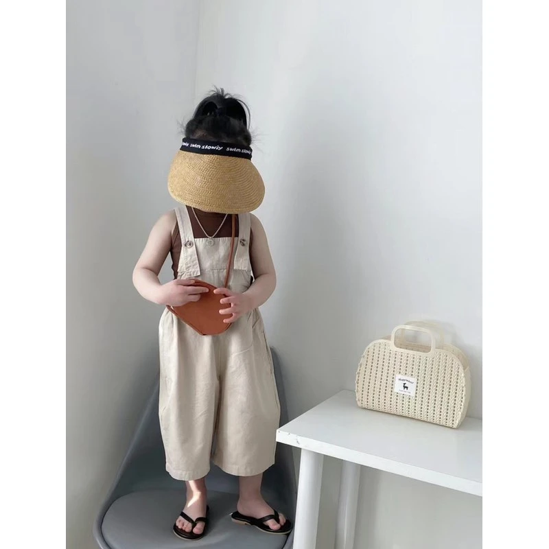 戴维贝拉儿童背带裤男女童韩版宽松吊带阔腿连体七分裤+咖色背心