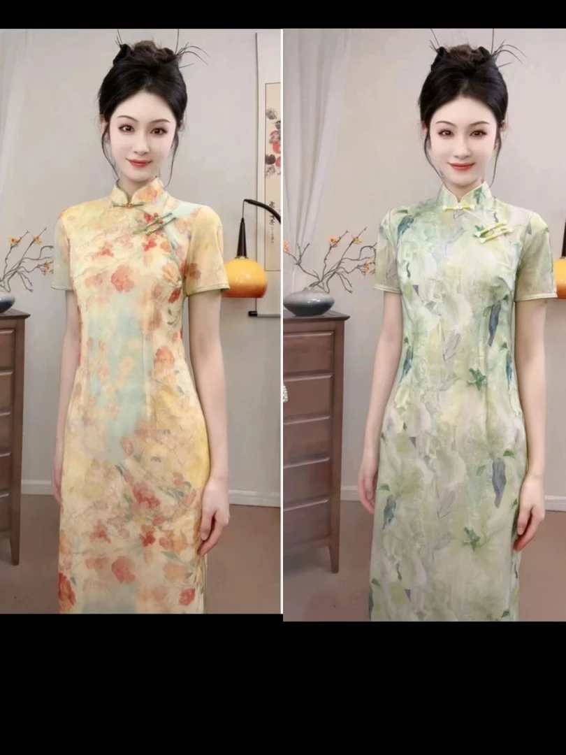 【金枝玉叶】黄色+绿色2025短袖夏季少女温柔气质日常可穿旗袍