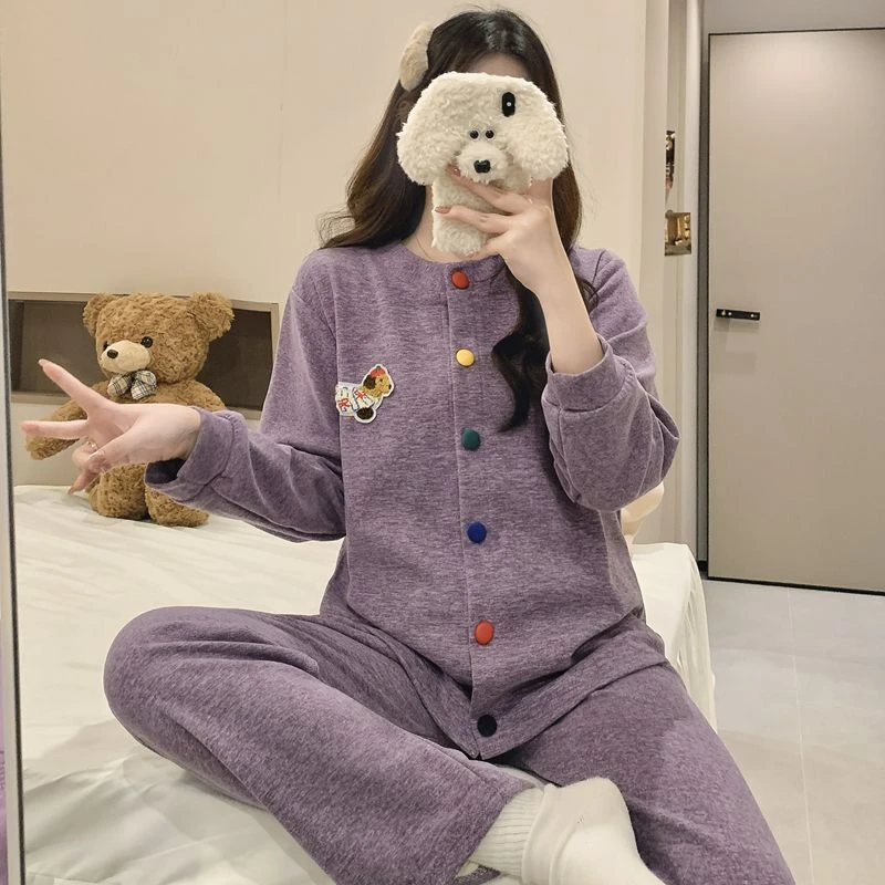 秋冬款紫色卡通腊肠狗睡衣长袖长裤开衫女羊绒外穿保暖家居服套装