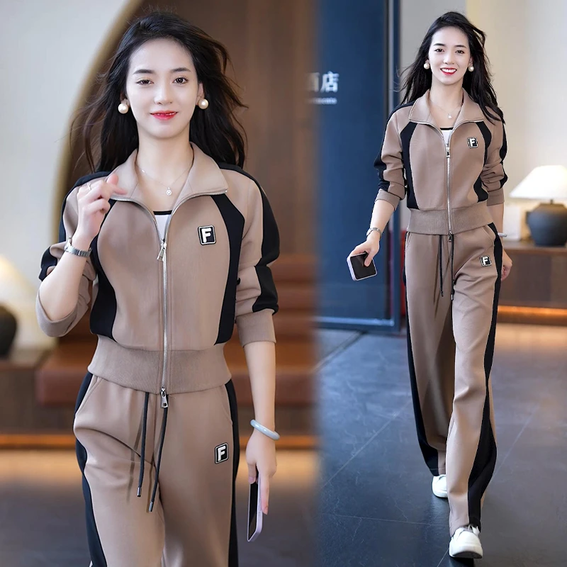 高含棉2025年春秋新款套装女拼接收腰短外套直筒显瘦阔腿裤两件套