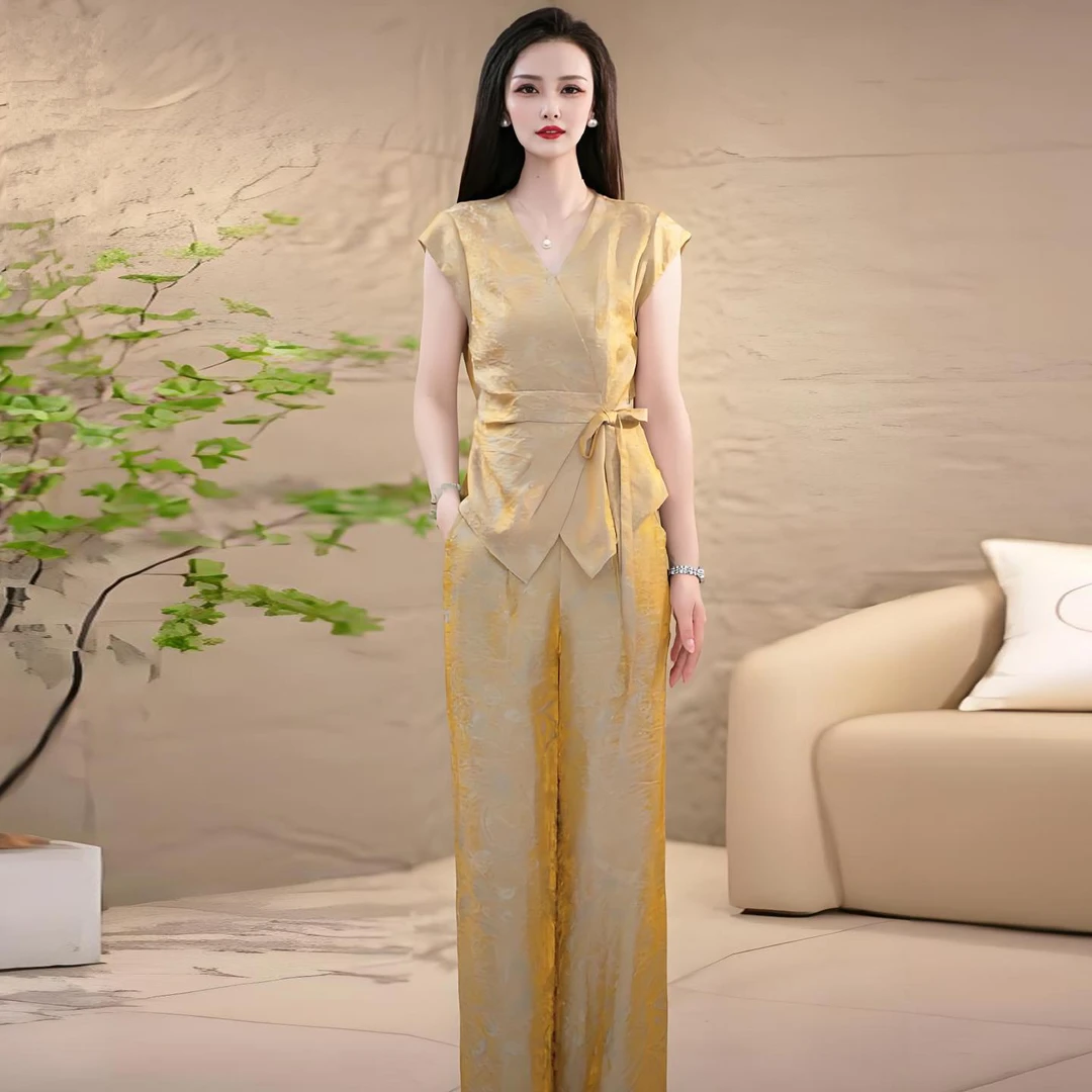 【纪朵研】859#时尚套装女夏新款洋气质显瘦短袖衬衫阔腿裤两件套