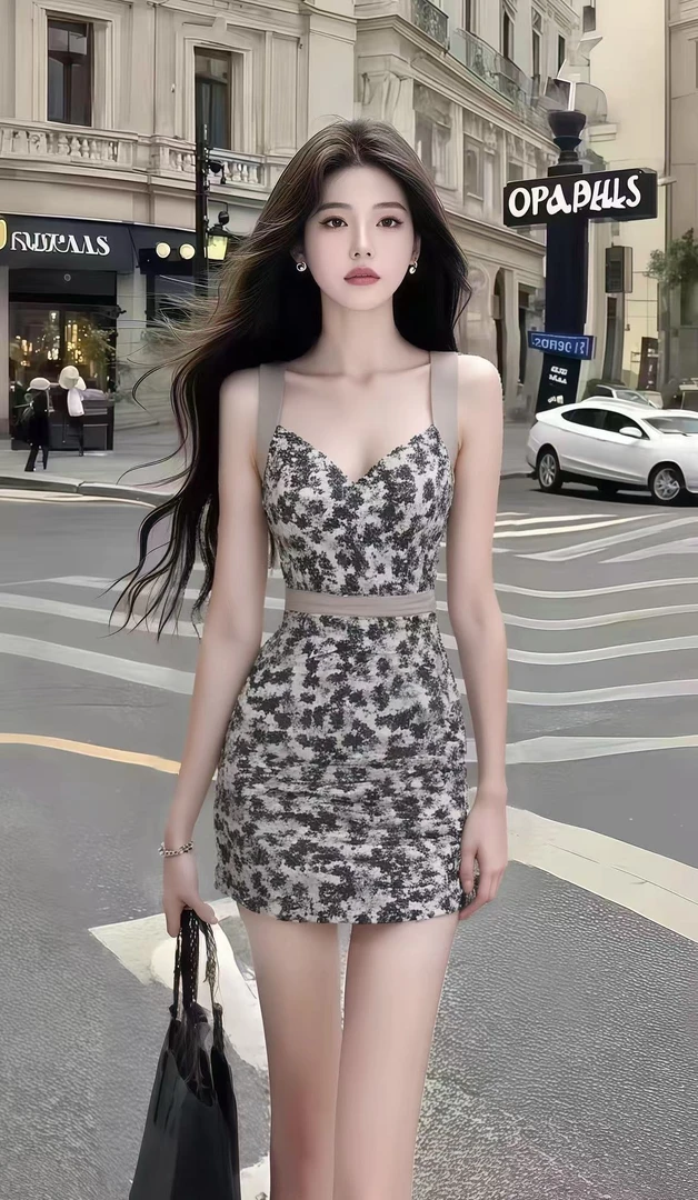 时尚高级感气质名媛纯欲辣妹风碎花V领无袖修身收腰包臀连衣裙女