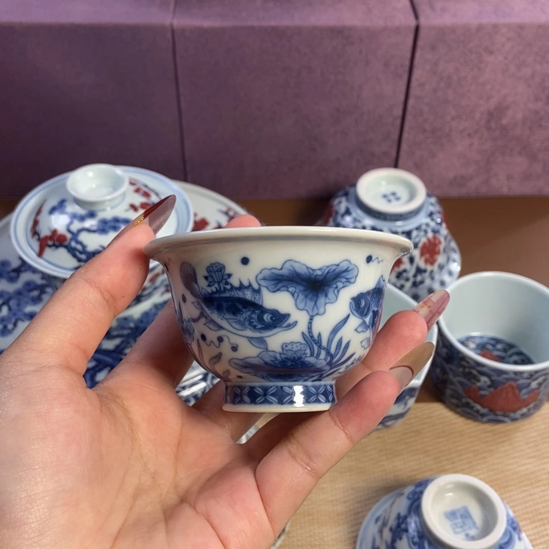 望月怀古青花鱼藻小压手杯
