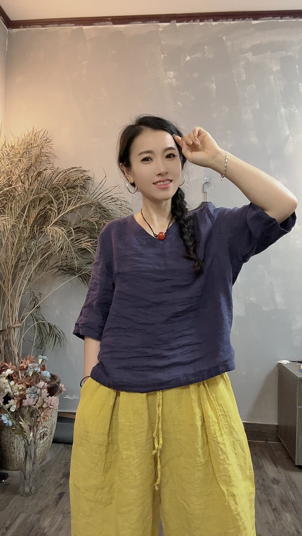 6802砂洗亚麻套头简约小衫（衣长56 胸围110左右）