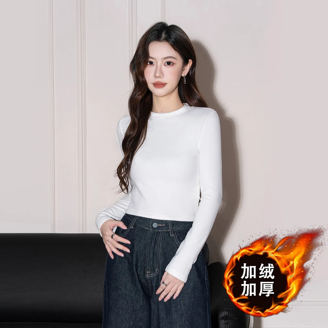 白色短款半高领加绒加厚打底衫女秋冬季内搭高腰露脐修身保暖上衣