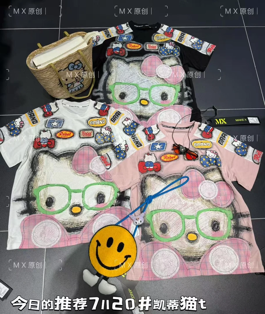 MX新款卡通大眼睛KT猫宽松重工洋气短袖t恤上衣女显瘦时尚潮71120
