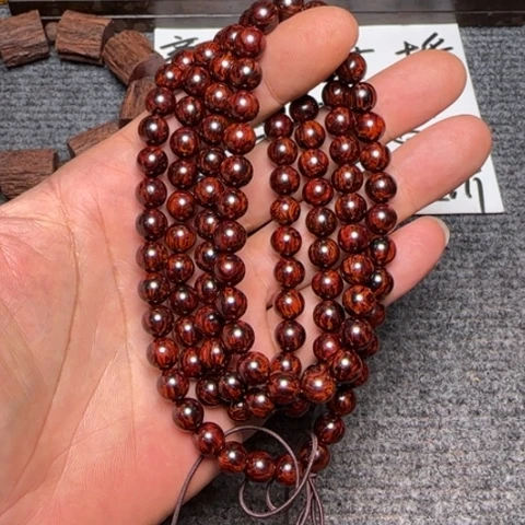 木h666海南红降0.8*108黑金圆珠手串