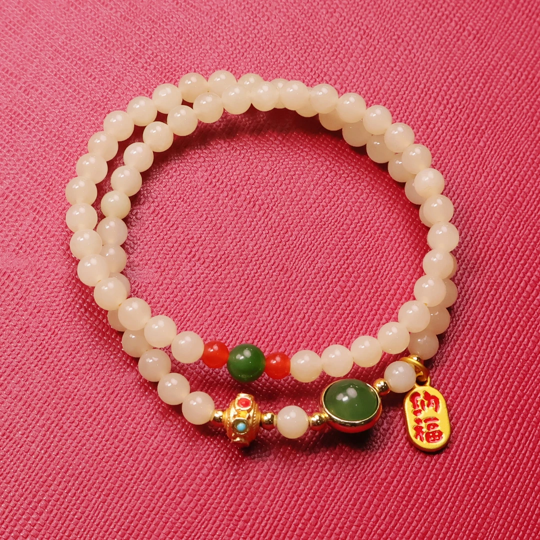 和田玉双圈手串 DIY款 黄色 精美 礼物 大气 叠带 卡5mm