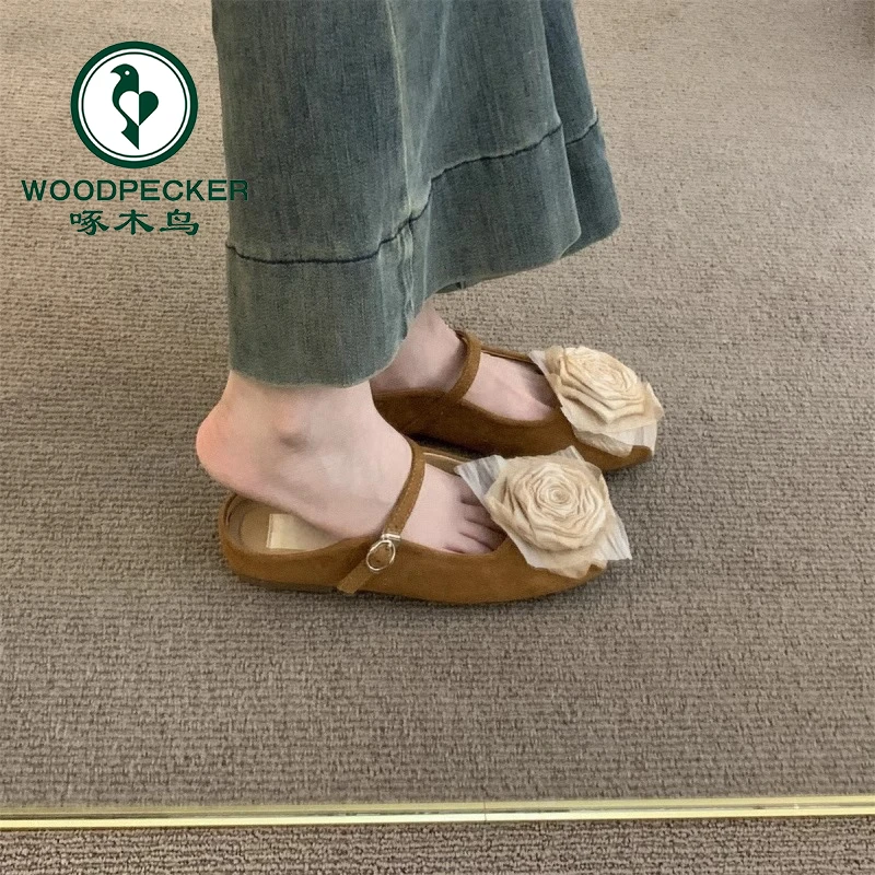 啄木鸟法式平底玫瑰花包头半拖鞋女夏外穿懒人一脚蹬玛丽珍凉拖鞋