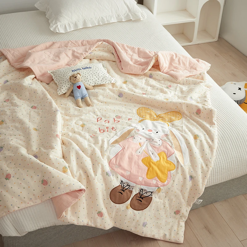 A类母婴级全棉双层纱夏被ins贴布绣纯棉空调被兔子儿童夏凉被薄被