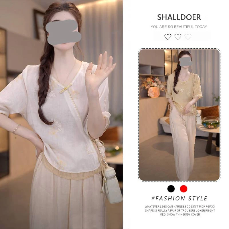 香朵儿甜美风时尚设计感衬衫纯色休闲裤套装2025夏季新款小众女装