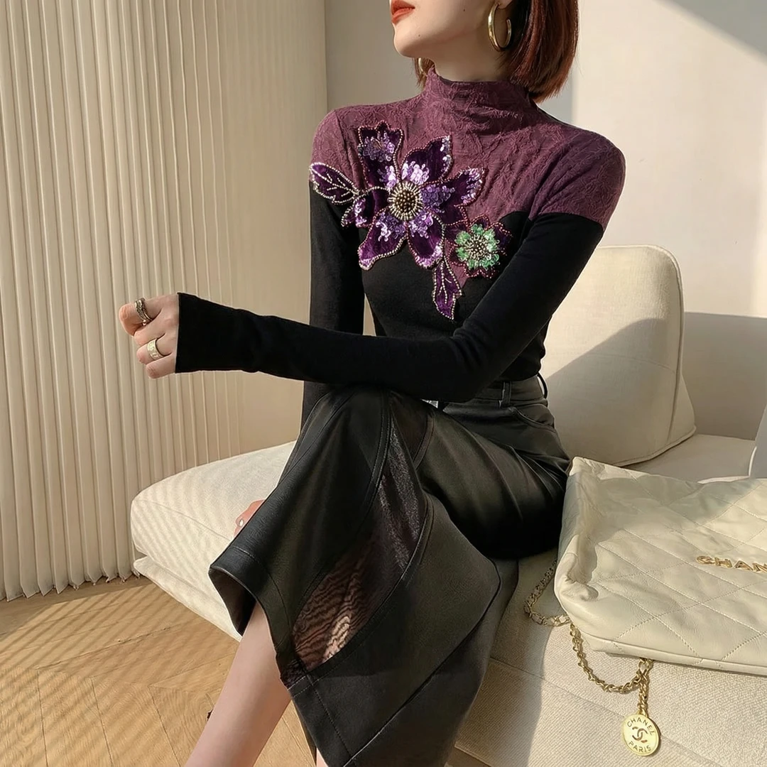【芙娜妮】2025刺绣针织衫秋冬时尚打底衫短款套头上衣女F2531177A