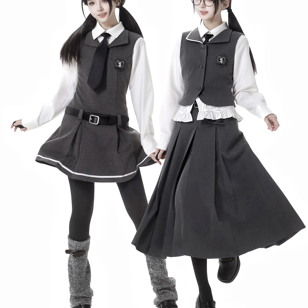 PINKSAVIOR【未结之诗】收腰马甲衬衫半裙显瘦高级灰设计感套装