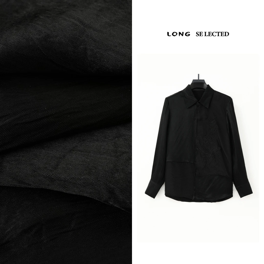 Q3869浅卡其色植物刺绣衬衫女 小众拼接丝滑翻领长袖上衣！