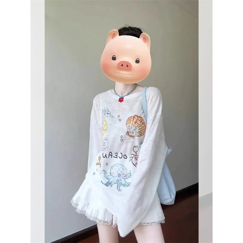 【ZHAP】新款早秋款长袖t恤上衣女白色薄款通勤休闲盐系宽松百搭潮