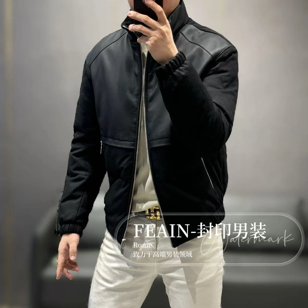 【骆驼绒】高端男士骆驼绒填充羊皮拼接羊毛混纺鹅绒服77828