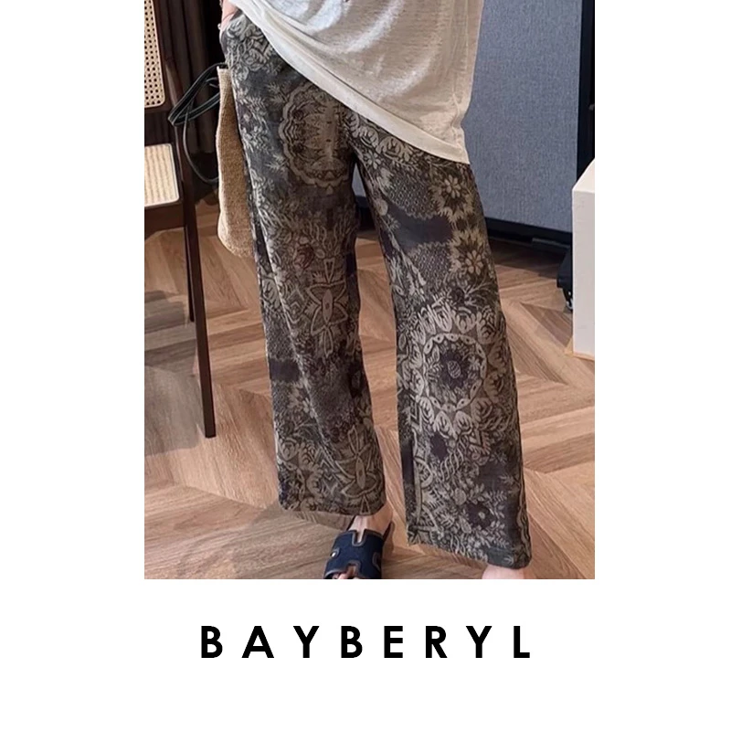 BAYBERYL老贝图腾裤*民族印花苎麻松紧腰夏休闲裤XXK5D1507-4/16