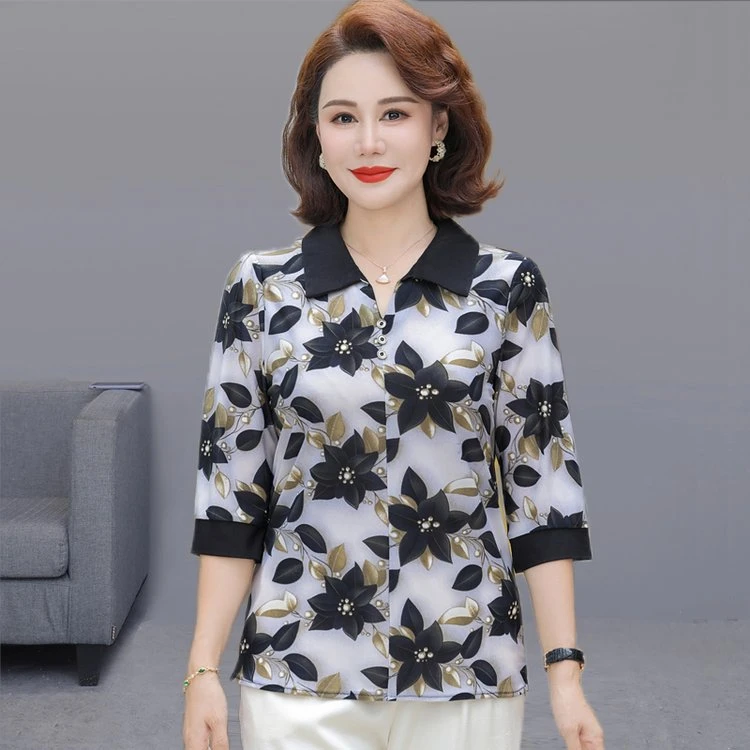 中年妈妈夏季中袖衬衫领上衣薄款50-60岁T恤小衫中老年遮肚子女装