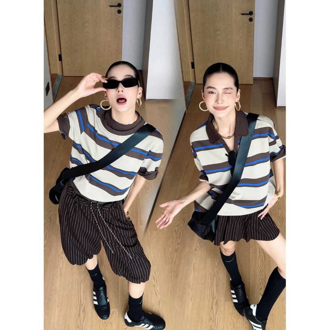 【英伦腔调】显长腿裙裤A字版咖色短裙＋老钱撞色条纹休闲五分中裤女