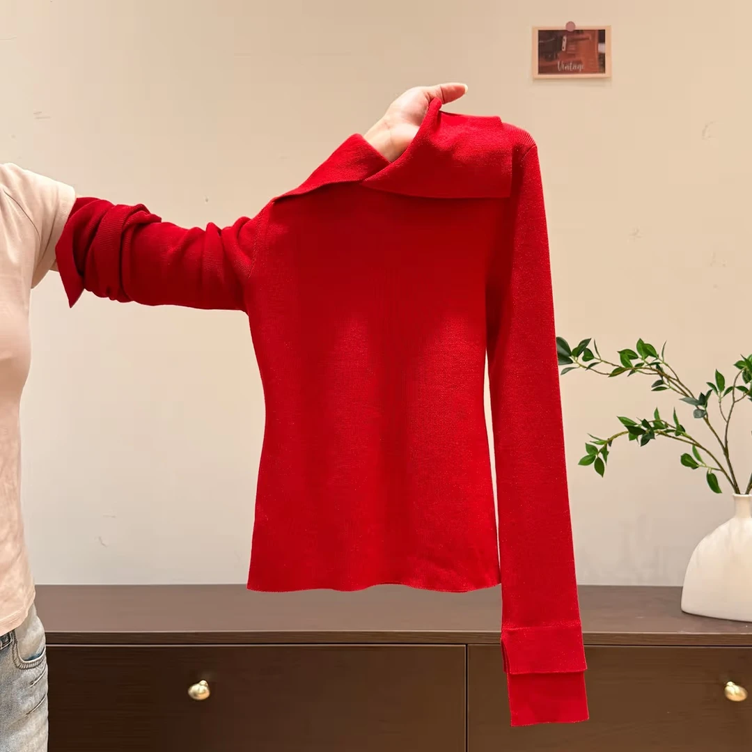 小婉薇新年新年红色翻领长袖针织衫女2026秋冬新款内搭打底衫上衣