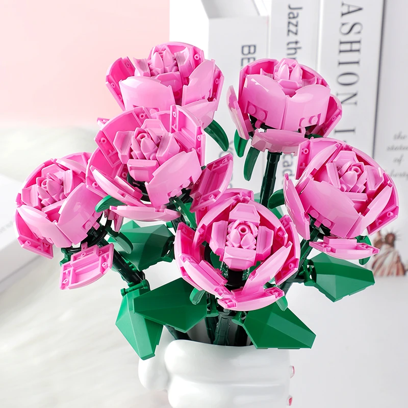 三色玫瑰花益智玩具趣味拼装积木花儿童节日礼物益智积木C4