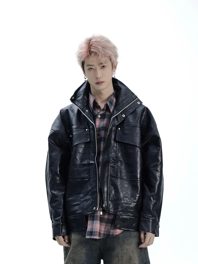 ASHDARK*Arnodefrance皮衣ADF机能拉链夹克复古立领男女痞帅外套