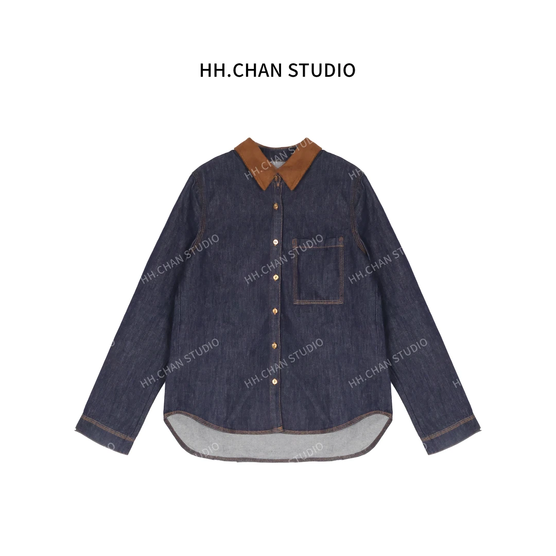 HH.CHAN“春深”100%棉2025春夏新款深蓝色拼接领牛仔衬衫
