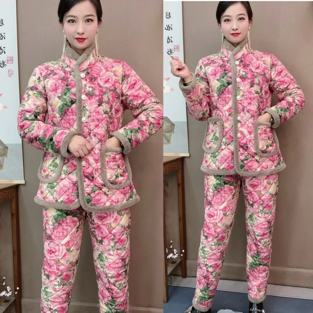 2025冬季加厚中国风中老年女装长裤修身型常规纽扣设计加绒保暖