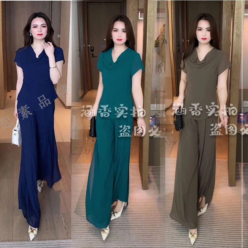 2025夏季新款短袖显瘦气质高腰宝蓝色洋气套装女时尚休闲性感修身