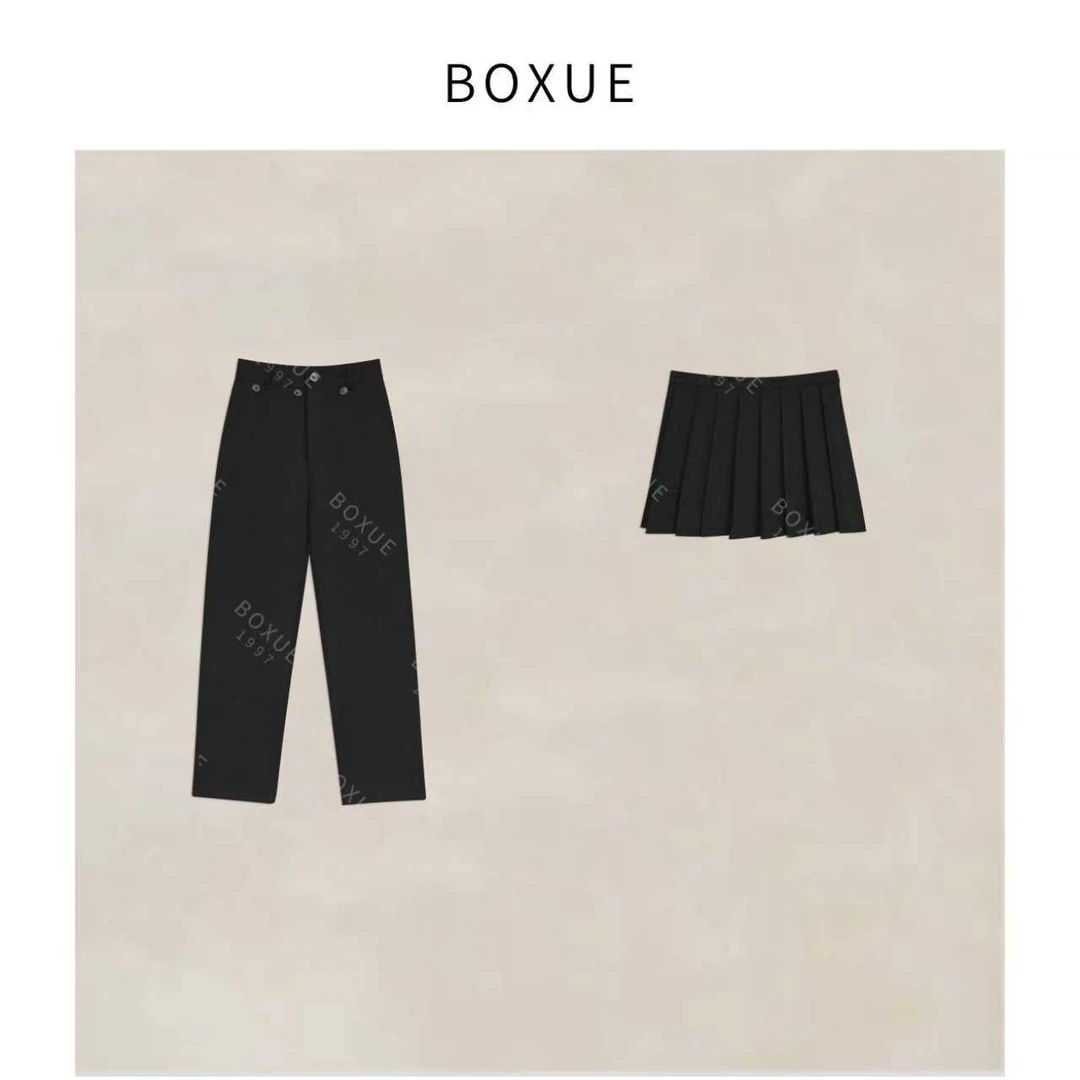 BOXUE “维加利” 2025秋季高腰侧边百褶裙边休闲裤子 #250807K3489