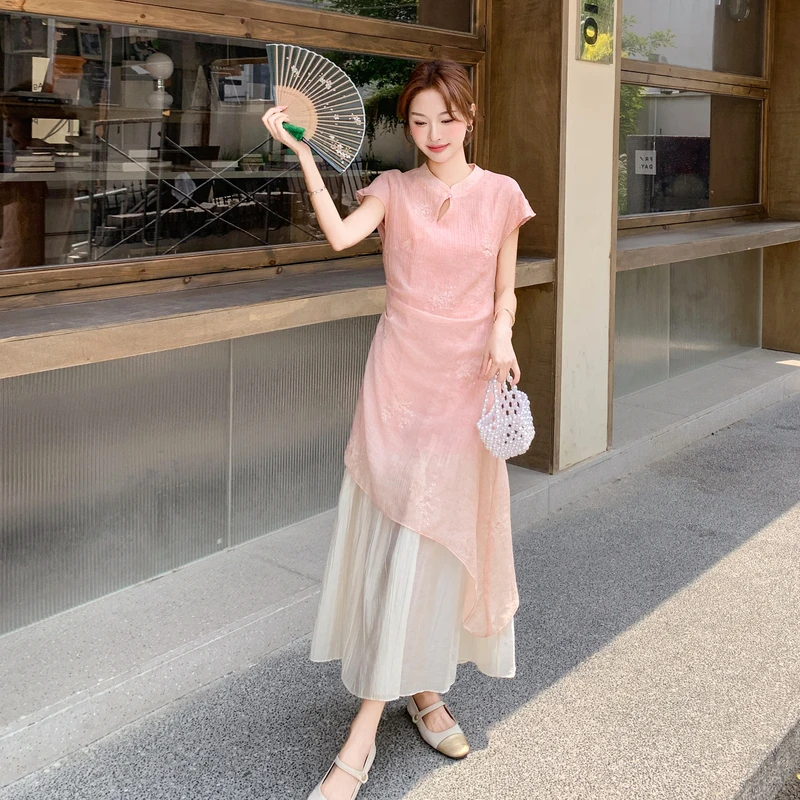 新中式旗袍长裙刺绣法式夏装纯色甜辣风温柔泡泡袖