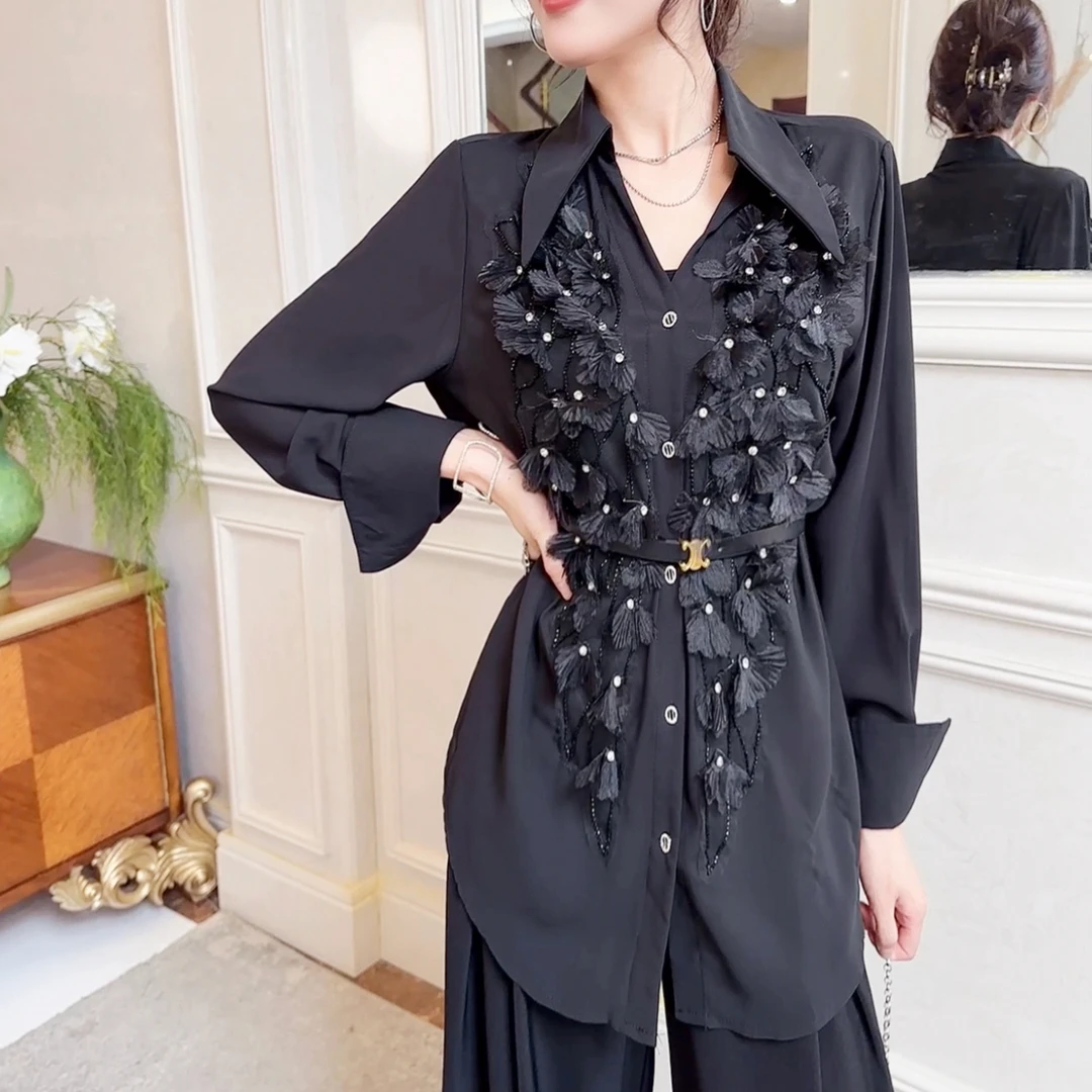 高级感时尚长袖翻领衬衫女钉珠立体提花宽松新款上衣ML